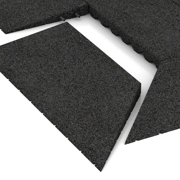 Großaufnahme vom Verbindungssystem von WARCO-Boden 2036 - Corner half wedge right im Farbdesign Antracita. Abmessungen 750 x 300 x 40/8 mm.