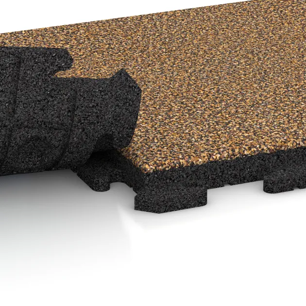 Großaufnahme vom Verbindungssystem von WARCO-Boden 1366 - Pavimento Fitness Baldosas de Goma Classic im Farbdesign Marruecos. Abmessungen 500 x 500 x 40 mm.