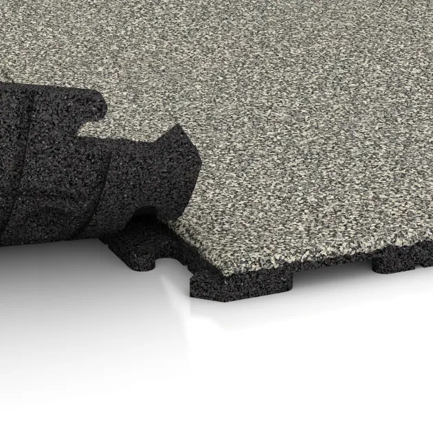 Großaufnahme vom Verbindungssystem von WARCO-Boden 1572 - Playground flooring im Farbdesign Granito claro. Abmessungen 1000 x 1000 x 30 mm.