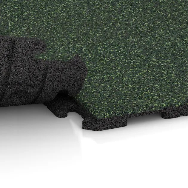 Großaufnahme vom Verbindungssystem von WARCO-Boden 1601 - Pavimento Fitness Baldosas de Goma Classic im Farbdesign Césped inglés. Abmessungen 1000 x 1000 x 30 mm.
