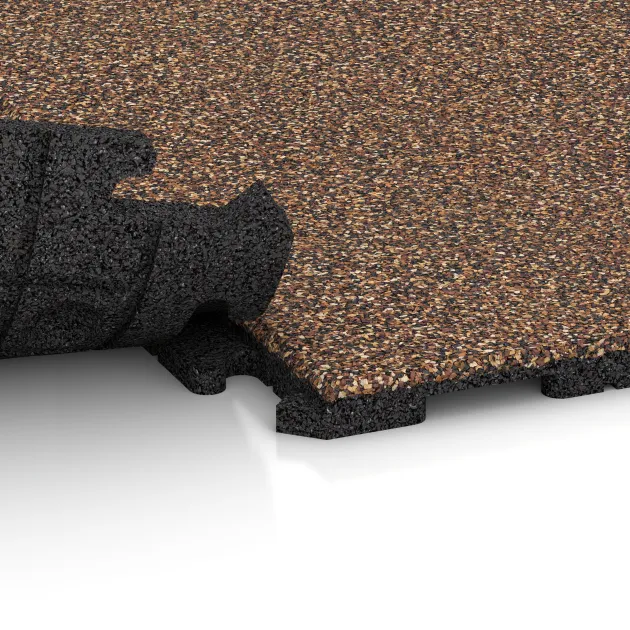 Großaufnahme vom Verbindungssystem von WARCO-Boden 1603 - Pavimento Fitness Baldosas de Goma Classic im Farbdesign Café con leche. Abmessungen 1000 x 1000 x 30 mm.