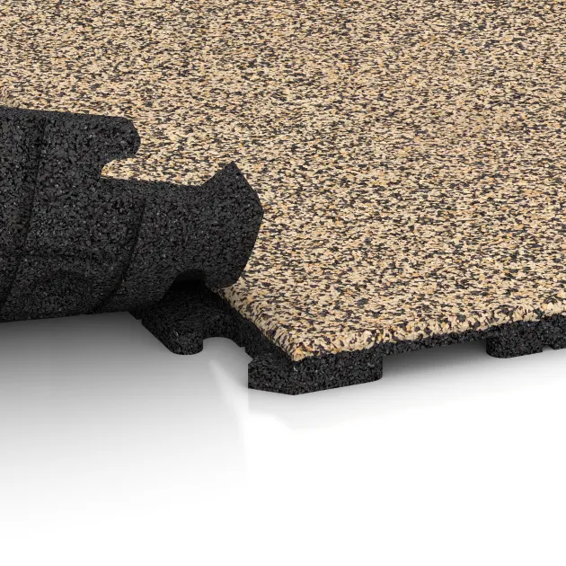 Großaufnahme vom Verbindungssystem von WARCO-Boden 1606 - Pavimento Fitness Baldosas de Goma Classic im Farbdesign Travertino. Abmessungen 1000 x 1000 x 30 mm.