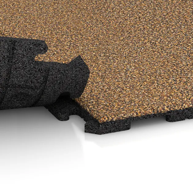 Großaufnahme vom Verbindungssystem von WARCO-Boden 1611 - Pavimento Fitness Baldosas de Goma Classic im Farbdesign Marruecos. Abmessungen 1000 x 1000 x 30 mm.