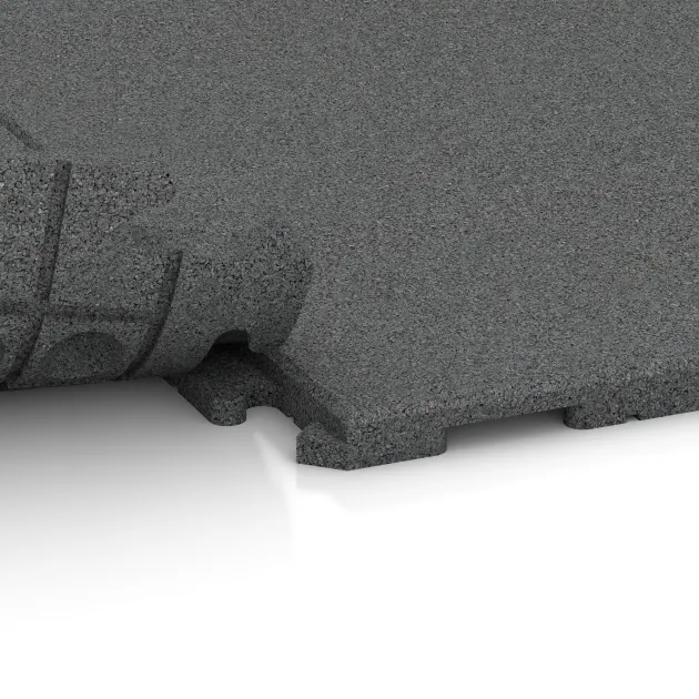 Großaufnahme vom Verbindungssystem von WARCO-Boden 1633 - Pavimento Fitness Baldosas de Goma Classic im Farbdesign Gris pizarra. Abmessungen 1000 x 1000 x 30 mm.