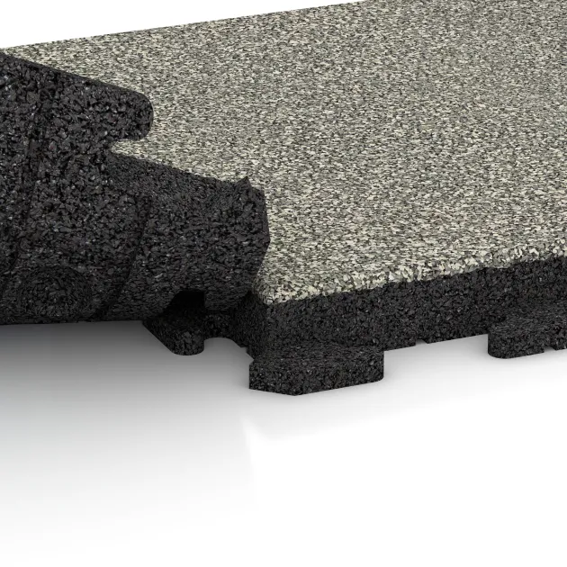 Großaufnahme vom Verbindungssystem von WARCO-Boden 1423 - Baldosa exterior Classic im Farbdesign Granito claro. Abmessungen 500 x 500 x 50 mm.