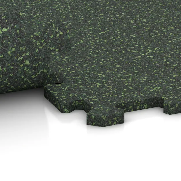 Großaufnahme vom Verbindungssystem von WARCO-Boden 1099 - Suelo de Fitness Compacto im Farbdesign Césped inglés. Abmessungen 970 x 970 x 16 mm.