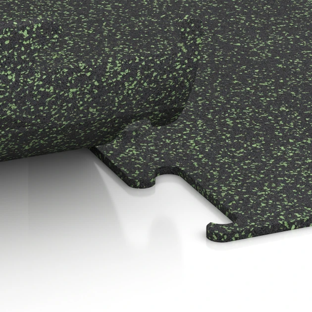 Großaufnahme vom Verbindungssystem von WARCO-Boden 3755 - Fitness Performance Elite Pavimento Deportivo im Farbdesign Verde ligeramente moteado. Abmessungen 100 x 100 x 1 cm | 1,00 m².
