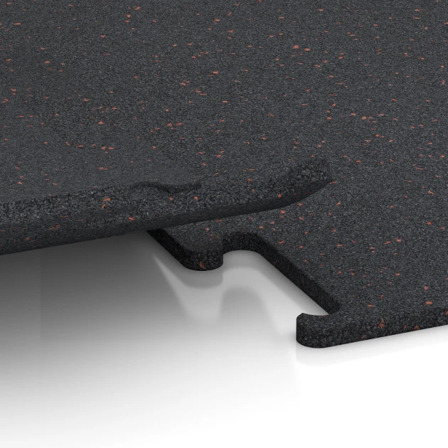 Großaufnahme vom Verbindungssystem von WARCO-Boden 3757 - Fitness Performance Elite Pavimento Deportivo im Farbdesign Rojo ligeramente moteado. Abmessungen 100 x 100 x 1,5 cm | 1,00 m².