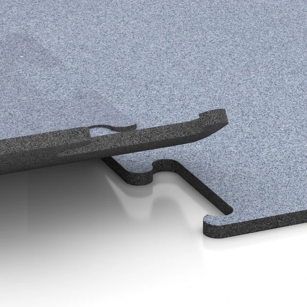 Großaufnahme vom Verbindungssystem von WARCO-Boden 6154 - Fitness Performance Elite Pavimento Deportivo im Farbdesign Gris niebla. Abmessungen 50 x 50 x 1,5 cm | 0,25 m².