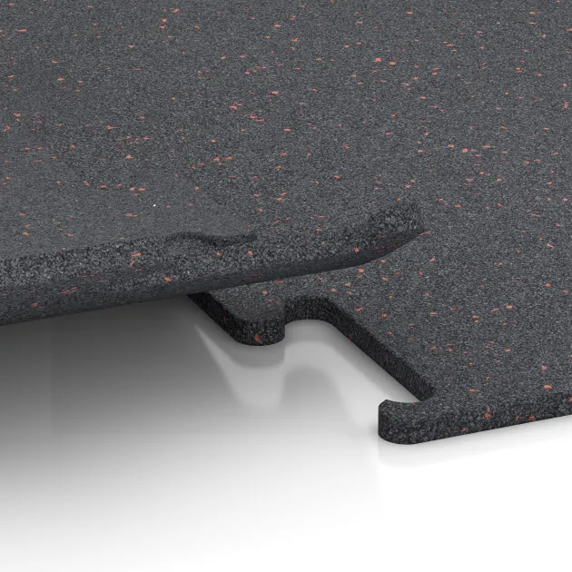 Großaufnahme vom Verbindungssystem von WARCO-Boden 3769 - Pavimento Fitness Performance Elite im Farbdesign Rojo ligeramente moteado. Abmessungen .