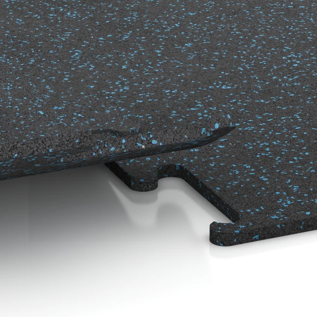 Großaufnahme vom Verbindungssystem von WARCO-Boden 3770 - Pavimento Fitness Performance Elite im Farbdesign Azul ligeramente moteado. Abmessungen 50 x 50 x 1,5 cm | 0,25 m².