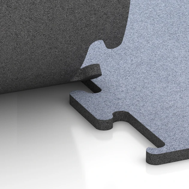 Großaufnahme vom Verbindungssystem von WARCO-Boden 6156 - Fitness Performance Elite Pavimento Deportivo im Farbdesign Gris niebla. Abmessungen 50 x 50 x 2 cm | 0,25 m².