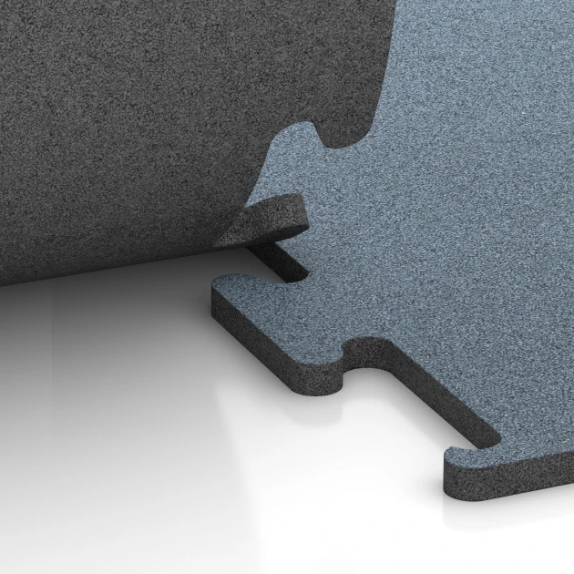 Großaufnahme vom Verbindungssystem von WARCO-Boden 6168 - Fitness Performance Elite Pavimento Deportivo im Farbdesign Plata envejecida. Abmessungen 50 x 50 x 2 cm | 0,25 m².