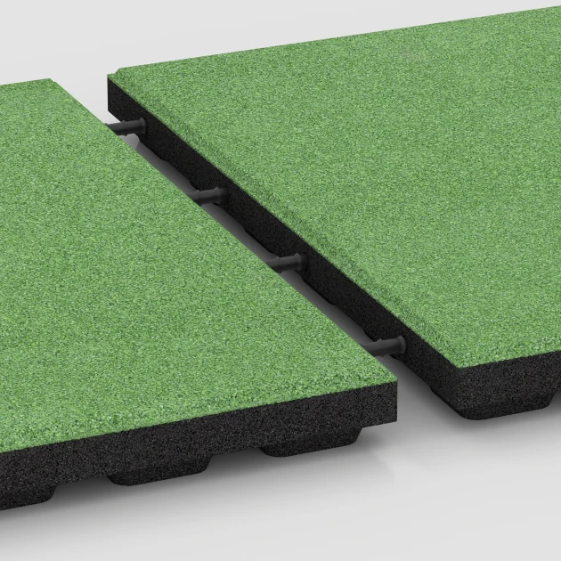 Großaufnahme vom Verbindungssystem von WARCO-Boden 6285 - Baldosas amortiguadoras im Farbdesign Verde tilo. Abmessungen 50 x 50 x 4 cm.