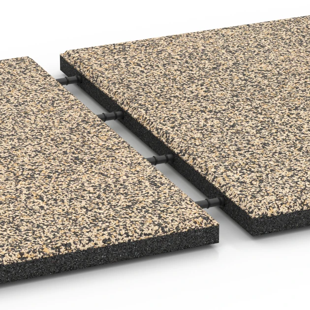 Großaufnahme vom Verbindungssystem von WARCO-Boden 6360 - Loseta de terraza Classic im Farbdesign Travertino. Abmessungen 50 x 50 x 3 cm.