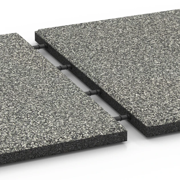 Großaufnahme vom Verbindungssystem von WARCO-Boden 6355 - Loseta de terraza Classic im Farbdesign Granito gris. Abmessungen 50 x 50 x 3 cm | 0,25 m².