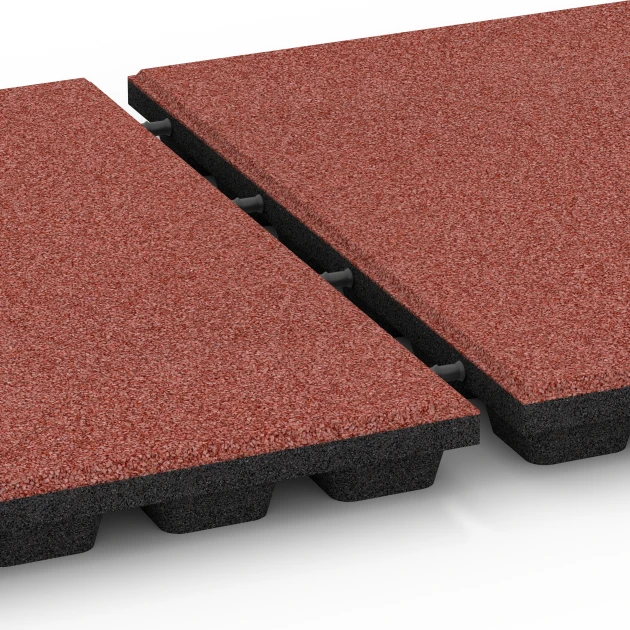 Großaufnahme vom Verbindungssystem von WARCO-Boden 6292 - Baldosas amortiguadoras im Farbdesign Rojo tomate. Abmessungen 50 x 50 x 4,8 cm.