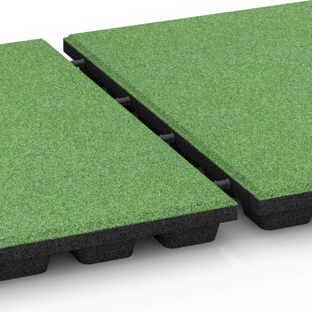 Großaufnahme vom Verbindungssystem von WARCO-Boden 6293 - Baldosas amortiguadoras im Farbdesign Verde tilo. Abmessungen 50 x 50 x 4,8 cm.