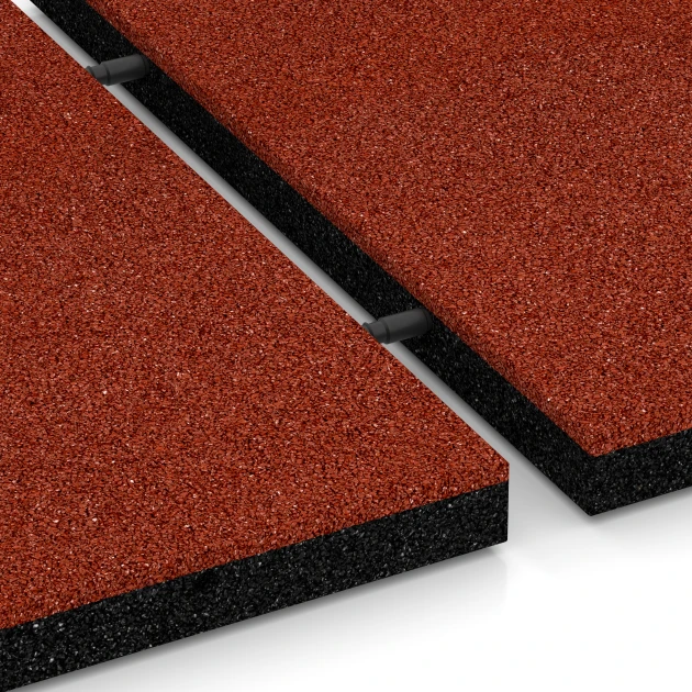 Großaufnahme vom Verbindungssystem von WARCO-Boden 6254 - Baldosa amortiguadora – 140 cm im Farbdesign Rojo ladrillo. Abmessungen 50 x 50 x 4 cm.