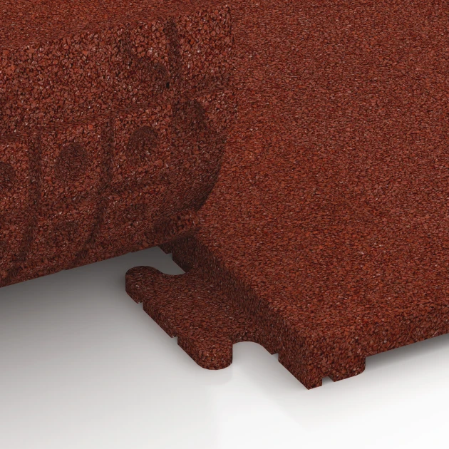 Großaufnahme vom Verbindungssystem von WARCO-Boden 6976 - Baldosa de suelo fitness Classic im Farbdesign Rojo ladrillo. Abmessungen 50 x 50 x 3 cm | 0,25 m².