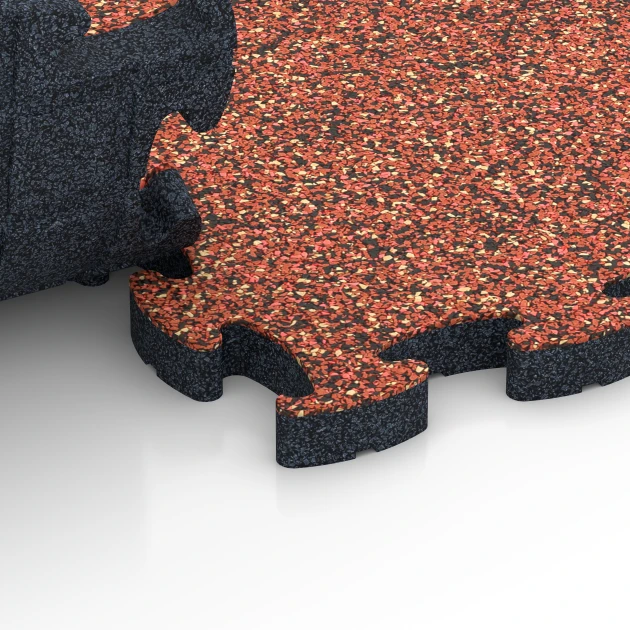 Großaufnahme vom Verbindungssystem von WARCO-Boden 6845 - Fitness Active suelo im Farbdesign Etna. Abmessungen 44,6 x 44,6 × 2,8 cm.