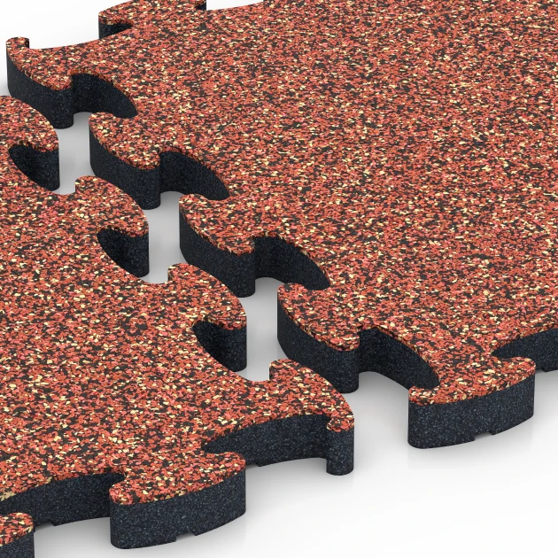 Großaufnahme vom Verbindungssystem von WARCO-Boden 6881 - Suelo Fitness Max im Farbdesign Etna. Abmessungen 44,6 x 44,6 × 2,8 cm.