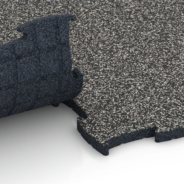 Großaufnahme vom Verbindungssystem von WARCO-Boden 6850 - Fitness Active suelo im Farbdesign Granito gris oscuro. Abmessungen 97,1 x 97,1 x 2,8 cm.