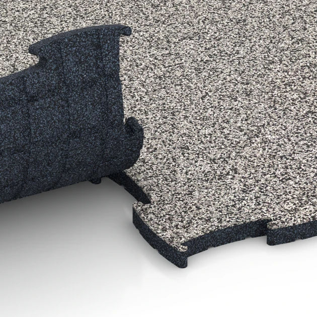 Großaufnahme vom Verbindungssystem von WARCO-Boden 6851 - Fitness Active suelo im Farbdesign Granito gris. Abmessungen 97,1 x 97,1 x 2,8 cm.