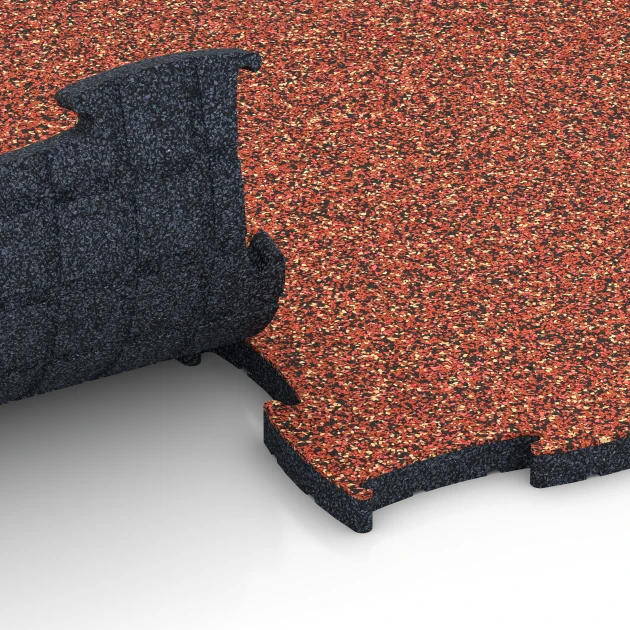 Großaufnahme vom Verbindungssystem von WARCO-Boden 6854 - Fitness Active suelo im Farbdesign Etna. Abmessungen 97,1 x 97,1 x 2,8 cm.