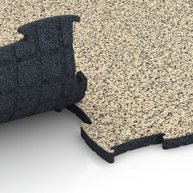 Großaufnahme vom Verbindungssystem von WARCO-Boden 6856 - Fitness Active suelo im Farbdesign Travertino. Abmessungen 97,1 x 97,1 x 2,8 cm.