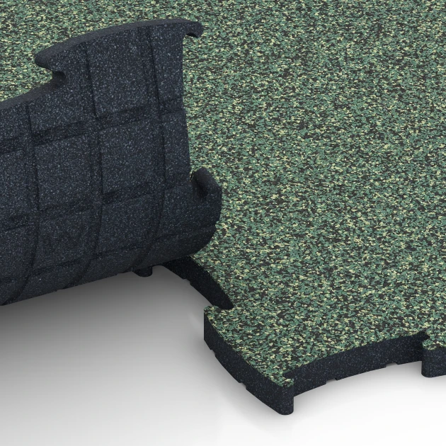 Großaufnahme vom Verbindungssystem von WARCO-Boden 6888 - Suelo Fitness Max im Farbdesign Césped inglés. Abmessungen 97,1 x 97,1 x 2,8 cm.