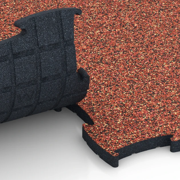 Großaufnahme vom Verbindungssystem von WARCO-Boden 6890 - Suelo Fitness Max im Farbdesign Etna. Abmessungen 97,1 x 97,1 x 2,8 cm.