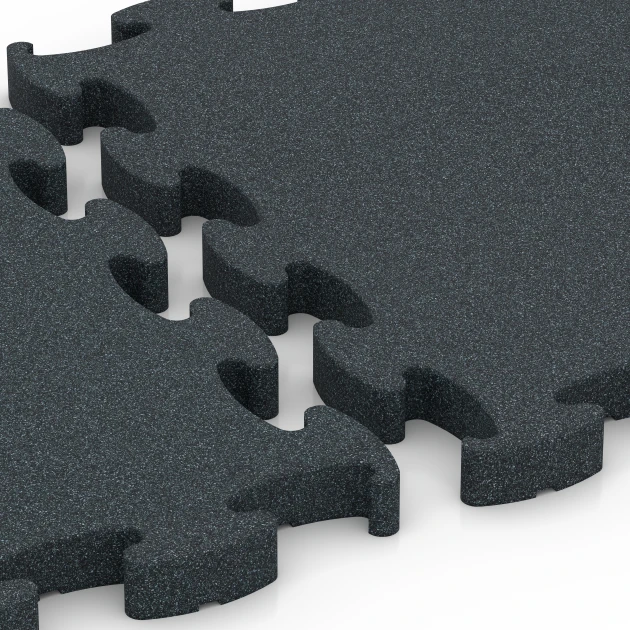 Großaufnahme vom Verbindungssystem von WARCO-Boden 6967 - Fitness Premium suelo técnico im Farbdesign Antracita. Abmessungen 45,9 x 45,9 x 2,8 cm.