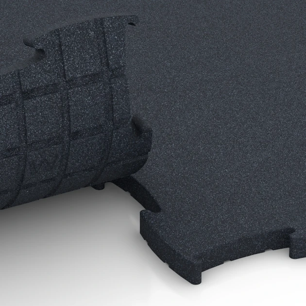 Großaufnahme vom Verbindungssystem von WARCO-Boden 6969 - Fitness Premium suelo técnico im Farbdesign Antracita. Abmessungen 99 x 99 x 2,8 cm.
