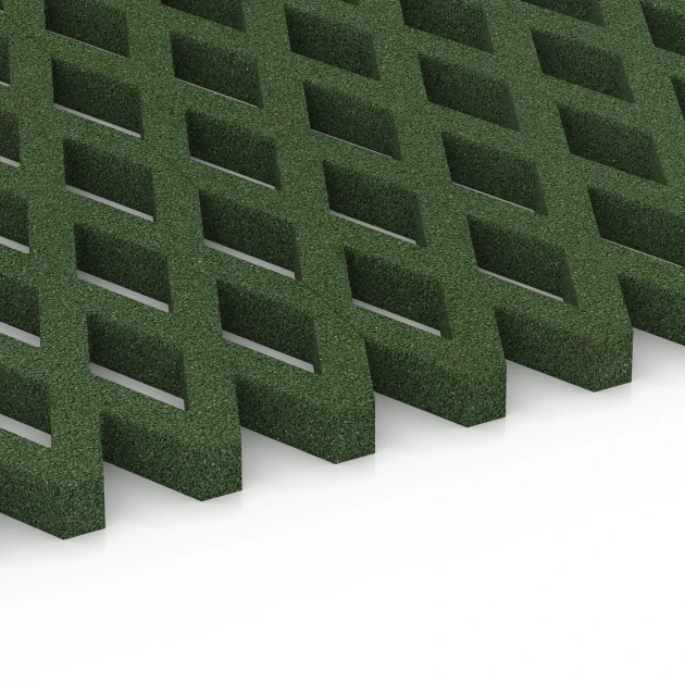 Großaufnahme vom Verbindungssystem von WARCO-Boden 7011 - Rejilla amortiguadora césped im Farbdesign Verde hierba. Abmessungen 100 x 100 x 4 cm.