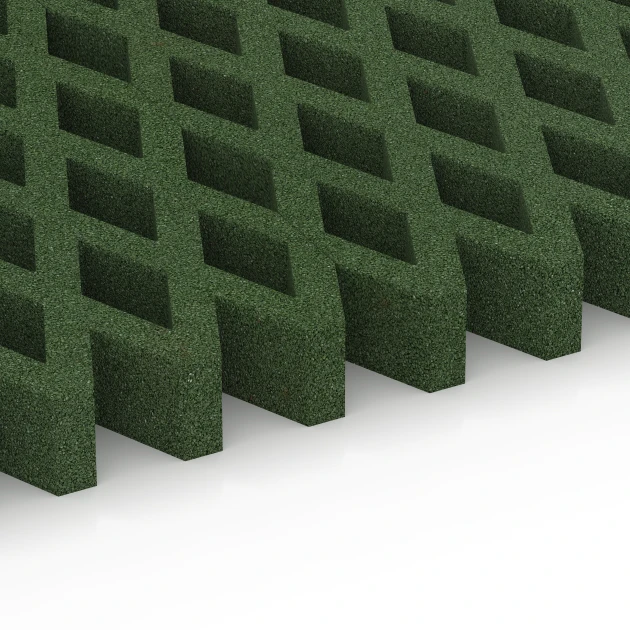 Großaufnahme vom Verbindungssystem von WARCO-Boden 7014 - Rejilla amortiguadora césped im Farbdesign Verde hierba. Abmessungen 100 × 100 × 8 cm.