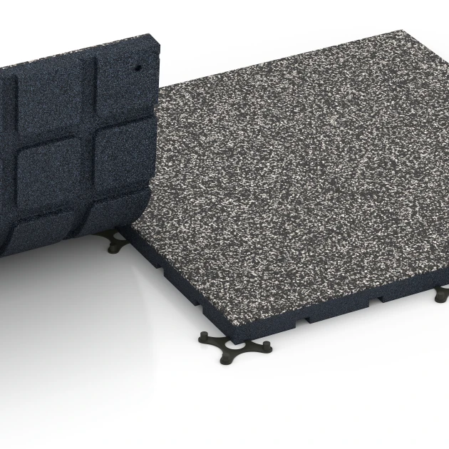 Großaufnahme vom Verbindungssystem von WARCO-Boden 7132 - Suelo de gimnasio para exterior im Farbdesign Granito gris oscuro. Abmessungen 60 x 60 x 3 cm | 0,36 m².