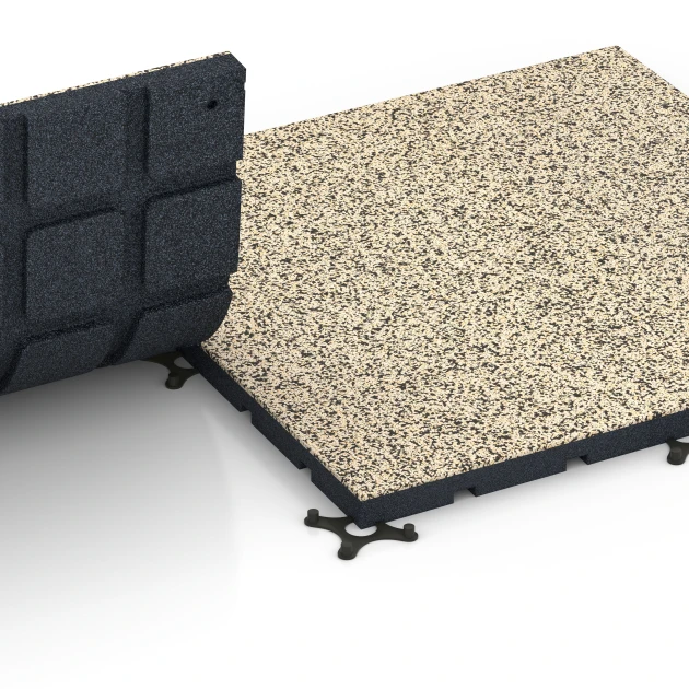 Großaufnahme vom Verbindungssystem von WARCO-Boden 7138 - Suelo de gimnasio para exterior im Farbdesign Travertino. Abmessungen 60 x 60 x 3 cm | 0,36 m².