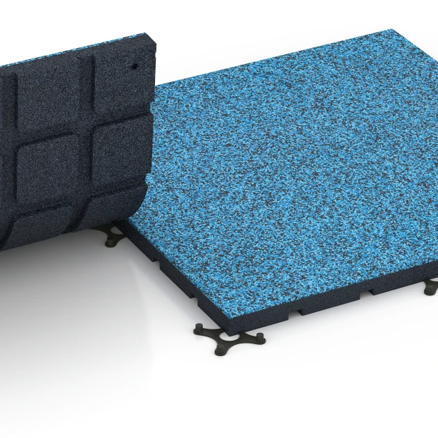 Großaufnahme vom Verbindungssystem von WARCO-Boden 7139 - Suelo de gimnasio para exterior im Farbdesign Atlántico. Abmessungen 60 x 60 x 3 cm | 0,36 m².