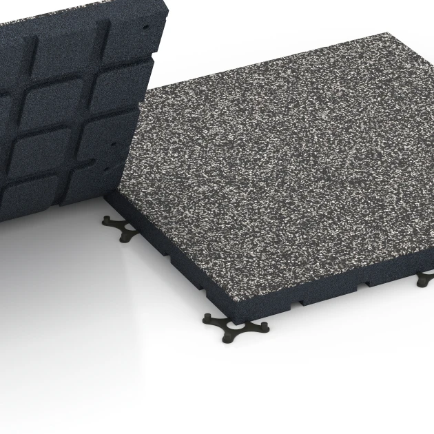 Großaufnahme vom Verbindungssystem von WARCO-Boden 7141 - Suelo de gimnasio para exterior im Farbdesign Granito gris oscuro. Abmessungen 60 x 60 x 4 cm | 0,36 m².
