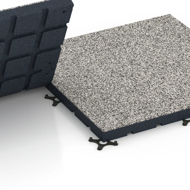 Großaufnahme vom Verbindungssystem von WARCO-Boden 7142 - Suelo de gimnasio para exterior im Farbdesign Granito gris. Abmessungen 60 x 60 x 4 cm | 0,36 m².