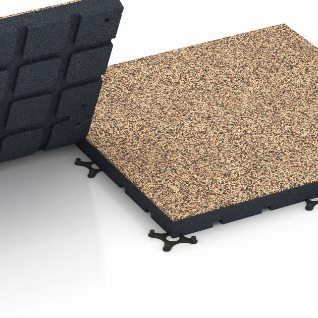 Großaufnahme vom Verbindungssystem von WARCO-Boden 7144 - Suelo de gimnasio para exterior im Farbdesign Terracota. Abmessungen 60 x 60 x 4 cm | 0,36 m².