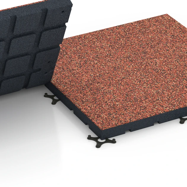 Großaufnahme vom Verbindungssystem von WARCO-Boden 7145 - Suelo de gimnasio para exterior im Farbdesign Etna. Abmessungen 60 x 60 x 4 cm | 0,36 m².
