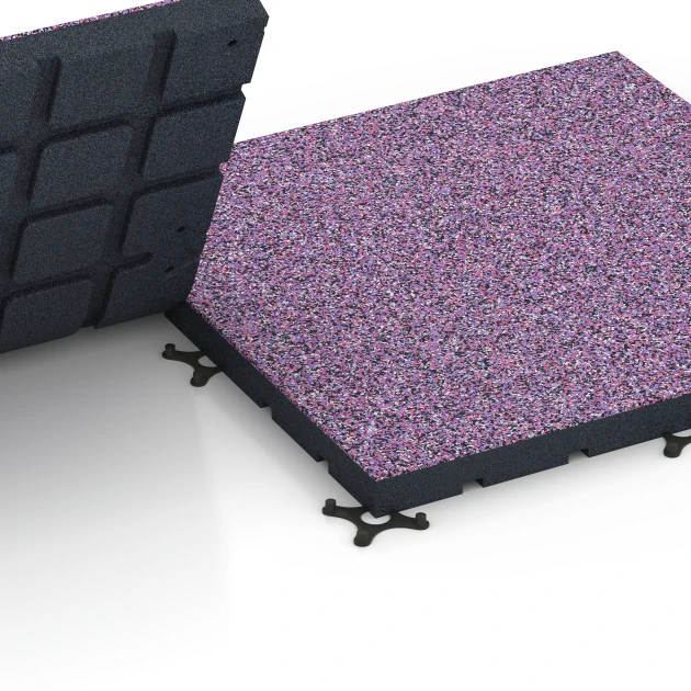 Großaufnahme vom Verbindungssystem von WARCO-Boden 7146 - Suelo de gimnasio para exterior im Farbdesign Lavanda. Abmessungen 60 x 60 x 4 cm | 0,36 m².