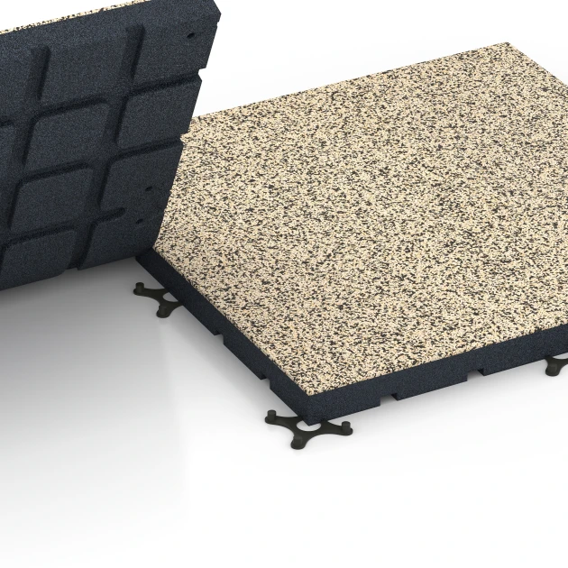 Großaufnahme vom Verbindungssystem von WARCO-Boden 7147 - Suelo de gimnasio para exterior im Farbdesign Travertino. Abmessungen 60 x 60 x 4 cm | 0,36 m².