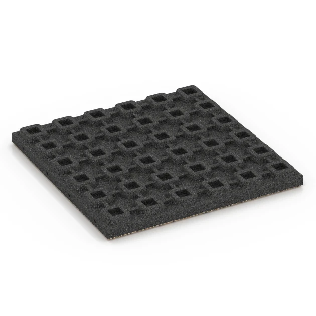 Aufsicht auf die Unterseite, also die Bodenseite von WARCO-Formteil 6428 - Loseta amortiguadora – 120 cm im Format 50 x 50 x 4 cm.