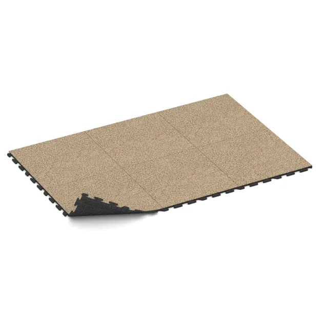 Typische Verlegung oder Einbausituation für den Artikel 1606 von WARCO - Pavimento Fitness Baldosas de Goma Classic, Farbton Travertino in der Abmessung 1000 x 1000 x 30 mm.