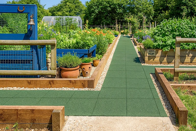Un camino recto de jardín con baldosas verdes de goma atraviesa un huerto y jardín ornamental con bancales de madera. Las baldosas elásticas de granulado de caucho ofrecen una superficie antideslizante, resistente a la intemperie y de fácil mantenimiento. El bordillo lateral de grava asegura límites claros y un aspecto cuidado. Ideal para huertos, parterres y senderos de jardín seguros.