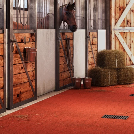 T-stones or bone stones or interlocking paving made of rubber granulate are the preferred stable floor in a stable aisle in a horse stable.